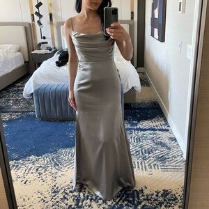 Silver / Gray Satin Cowl Neck Bridesmaid Dress